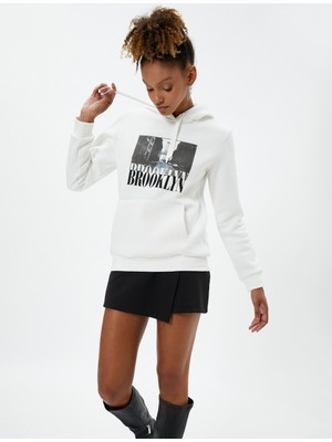Koton Kapüşonlu Sweatshirt Baskılı Kanguru Cepli Ribanalı Uzun Kollu