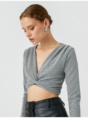 Koton Crop Bluz V Yaka Büzgülü Uzun Kollu