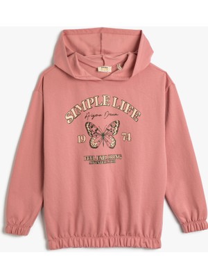 Koton Kapşonlu Sweatshirt Kelebek Baskılı Beli Lastikli Pamuk Karışımlı