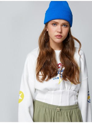 Koton Baskılı Sweatshirt Beli Korse Detaylı Bisiklet Yaka