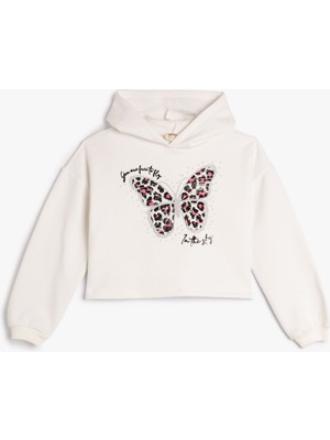 Koton Kapşonlu Crop Sweatshirt Şardonlu Kelebek Baskılı