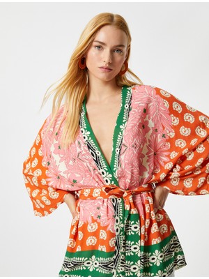 Koton Melis Ağazat x Koton - Etnik Desenli Kuşaklı Kimono