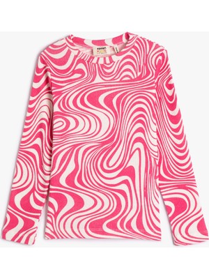 Koton Crop Uzun Kollu Tişört Bisiklet Yaka Soyut Desenli