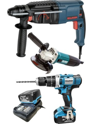 Bulldozer Inşaat  Seti 36V Şarjlı Matkap 1000W Kırıcı Delici 600W Devirli Avuç Taşlama