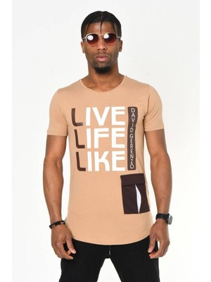 David&Gerenzo Bej Live Like Life Baskı Bisiklet Yaka Slim Fit T-Shirt