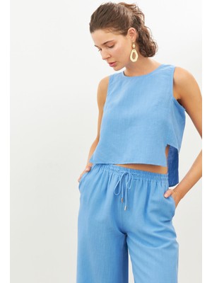 Stella Pulvis Mavi Keten Kolsuz Bluz