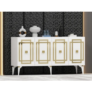 Demonte Dekor Lotus Konsol 4 Kapaklı Raflı Konsol Beyaz Altın