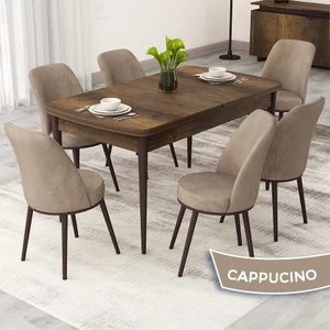 Rax Serisi Açılabilir 80x132 Barok Ahşap Desen Mutfak Masası Takımı 6 Cappucino Babyface Sandalye