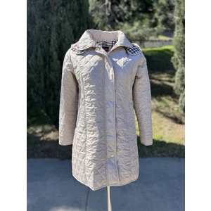 Kadın Büyük Beden Ekose 95 Cm Mevsimlik Açık Bej Kapitone Mont 1040