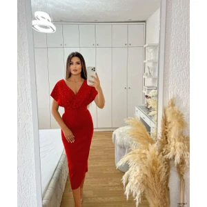 Kadın Kemerli Inci Detay Dalgıç Kumaş Abiye Elbise (Renkli)