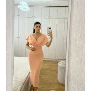 Kadın Kemerli Inci Detay Dalgıç Kumaş Abiye Elbise (Renkli)