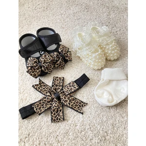 Masal Baby Kids Kız Bebek Incili Tüllü Mevlit Patiği ve Leopar Desenli Bandanalı Bebek Patiği Kıvrık Çorap Hediye/ Yeni Doğan Hediyeli