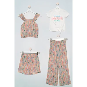 For You Kids 4'lü Desenli Bluz Tshirt Pantolon Şort Ekru Takım