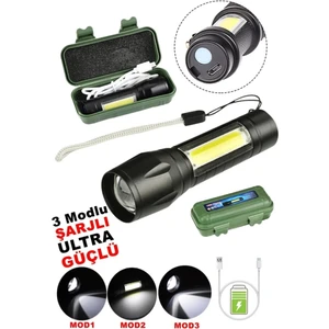 İndirim Center USB Şarjlı Zoomlu Flaşörlü 3 Fonksiyonlu LED Işıklı Ultra Güçlü El Feneri Kamp Outdoor Süper Kalite