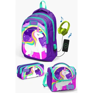 Coral High Kids Mor Su Yeşili Unicorn Desenli Usb'li 3’lü Okul Çanta Seti GOSET0123415