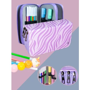 Kalem Kutusu Zebra Desen Lila Orginazer  Vegan Deri Üç Bölmeli (Kalemlik)