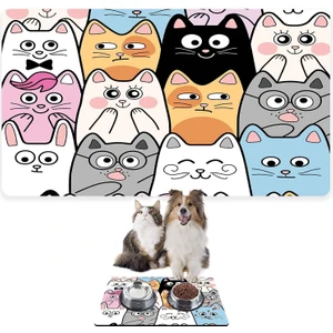Mama ve Su Evcil Hayvan Beslenme Matı, Kolay Temizlenen Emici Su Geçirmez Kumaş, Küçük Orta Boy ve Büyük Kedi ve Köpekler Için Dayanıklı Köpek Kedi Paspas (50X35, Renkli Kediler)