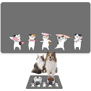 Mama ve Su Evcil Hayvan Beslenme Matı, Kolay Temizlenen Emici Su Geçirmez Kumaş, Küçük Orta Boy ve Büyük Kedi ve Köpekler Için Dayanıklı Köpek Kedi Paspas (50X35, Gri Kediler Balık)