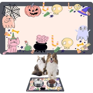 Mama ve Su Evcil Hayvan Beslenme Matı, Kolay Temizlenen Emici Su Geçirmez Kumaş, Küçük Orta Boy ve Büyük Kedi ve Köpekler Için Dayanıklı Köpek Kedi Paspas (50X35, Halloween)