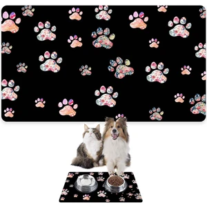 Mama ve Su Evcil Hayvan Beslenme Matı, Kolay Temizlenen Emici Su Geçirmez Kumaş, Küçük Orta Boy ve Büyük Kedi ve Köpekler Için Dayanıklı Köpek Kedi Paspas (50X35, Siyah Renkli Pati)