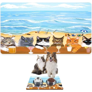 Mama ve Su Evcil Hayvan Beslenme Matı, Kolay Temizlenen Emici Su Geçirmez Kumaş, Küçük Orta Boy ve Büyük Kedi ve Köpekler Için Dayanıklı Köpek Kedi Paspas (50X35, Summer Cats)
