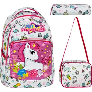 3'lü Okul Seti, Beyaz Unicorn Desenli Desenli İlkokul Çantası + Beslenme Çantası + Kalemlik