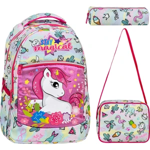 3'lü Okul Seti, Gökkuşağı Unicorn Desenli İlkokul Çantası + Beslenme Çantası + Kalemlik