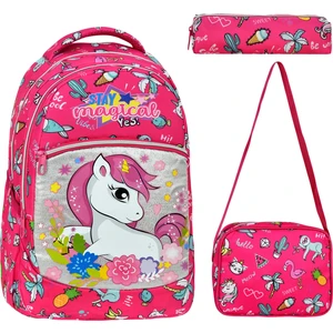 3'lü Okul Seti, Pembe Unicorn Desenli Desenli İlkokul Çantası + Beslenme Çantası + Kalemlik