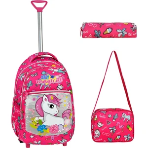 Çekçekli 3'lü Okul Seti, Pembe Unicorn Desenli İlkokul Çantası + Beslenme Çantası + Kalemlik