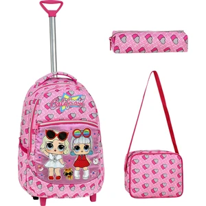 3'lü Okul Seti, Pembe Kalp Desenli Desenli İlkokul Çantası + Beslenme Çantası + Kalemlik