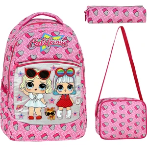 3'lü Okul Seti, Pembe Kalp Desenli İlkokul Çantası + Beslenme Çantası + Kalemlik