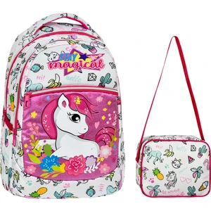 Beyaz Unicorn Desenli İlkokul Çantası + Beslenme Çantası