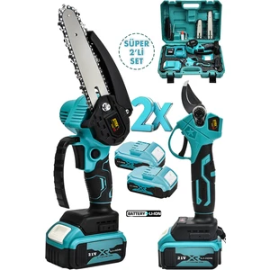 Staxx Power 2'li Super Set 21V Çift Pala Zincir Çift Akülü Çelik Şanzıman Şarjlı Dal Budama ve Bağ Makası Testere