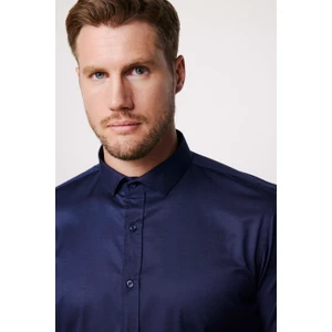 Slim Fit Likralı Düz Pamuk Saten Erkek Lacivert Gömlek