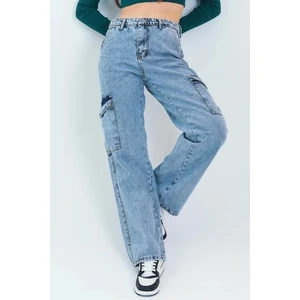 Kız Çocuk Kargo Cep Detaylı Yüksek Bel Wide Leg Kot PANTOLON-PNT-0029