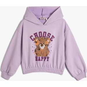 Kapşonlu Sweatshirt Ayıcık Baskılı Beli ve Manşetleri Lastikli Uzun Kollu