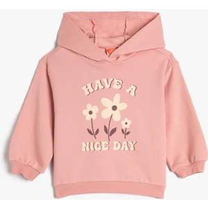 Kapşonlu Sweatshirt Şardonlu Çiçek Baskılı Pamuklu