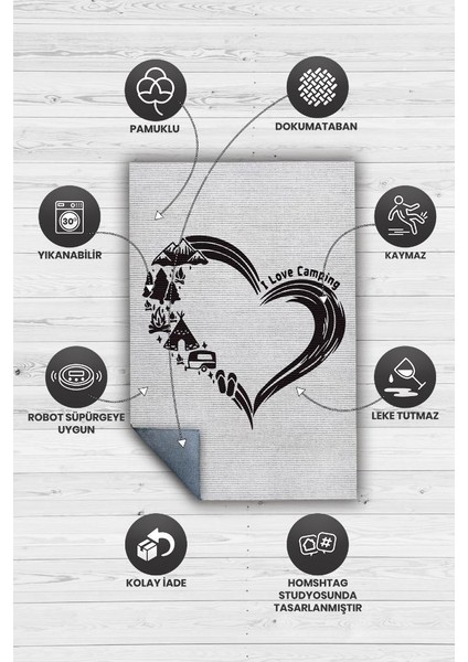 I Love Camping Kamp Hayatı Desenli Beyaz Halı,Çadır Halısı,Pamuklu Dokuma Tabanlı Yıkanabilir Halı fırsatları