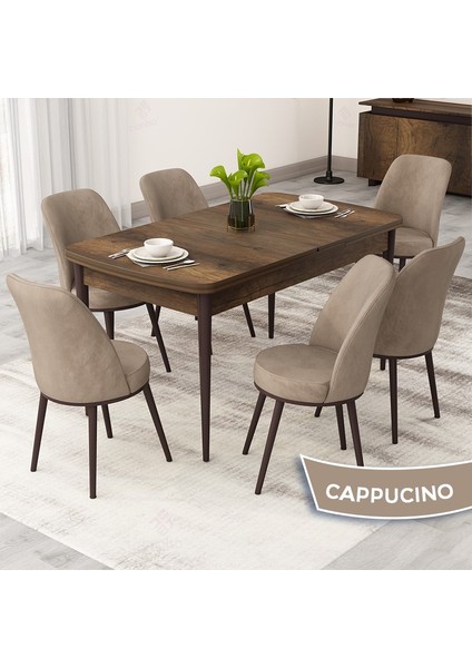 Rax Serisi Açılabilir 80x132 Barok Ahşap Desen Mutfak Masası Takımı 6 Cappucino Babyface Sandalye