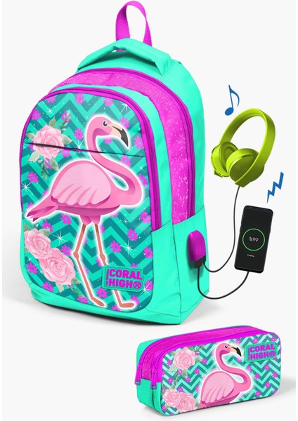 Kids Su Yeşili Pembe Simli Flamingo Desenli Usb'li 2'li Okul Çanta Seti SET0223411
