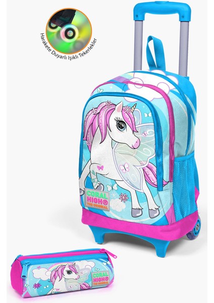 Kids Mavi Neon Pembe Unicorn Desenli Çekçekli 2'li Çanta Seti SET0223911