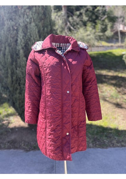 Kadın Büyük Beden Ekose 95 Cm Mevsimlik Bordo Kapitone Mont 1040
