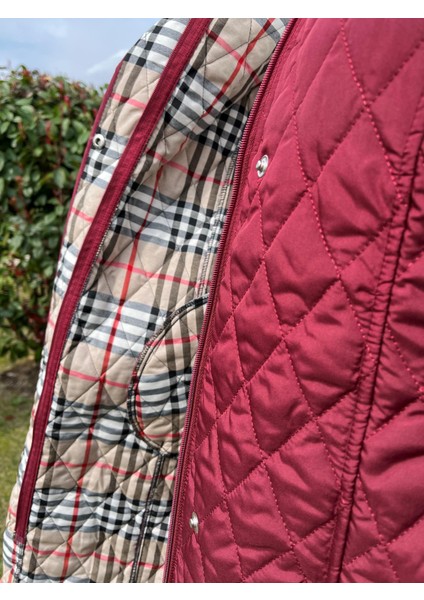 Kadın Büyük Beden Ekose 95 Cm Mevsimlik Bordo Kapitone Mont 1040