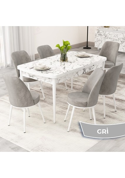 Rax Serisi Açılabilir 80X132 Beyaz Mermer Desen Mutfak Masası Takımı ve 6 Sandalye