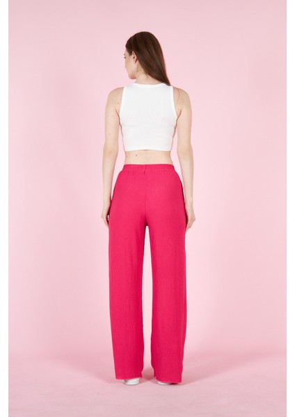 Kadın Bürümcük Kumaş Pantolon 23018 Fuşya