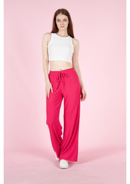 Kadın Bürümcük Kumaş Pantolon 23018 Fuşya modelleri