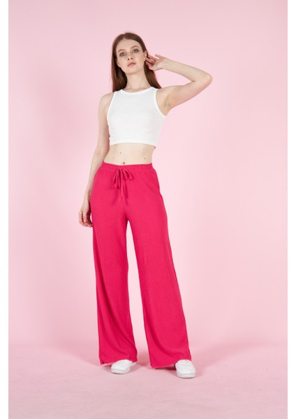 Kadın Bürümcük Kumaş Pantolon 23018 Fuşya fırsatları