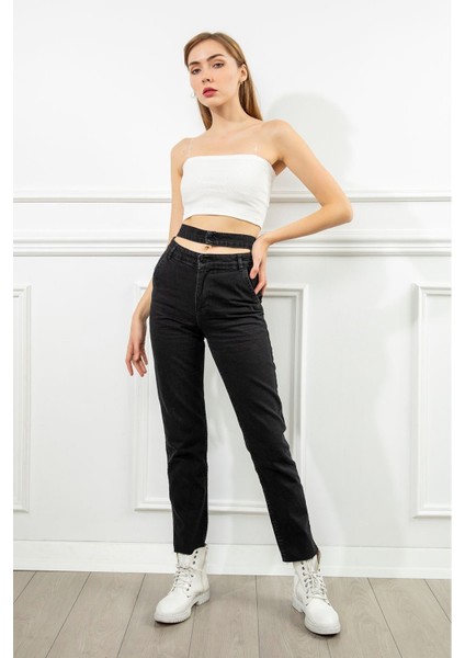 Kadın Antrasit Renk Denim Kumaş Bilek Boy Straight Fit Çift Kemerli Pantolon