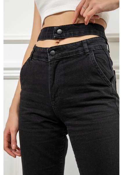 Kadın Antrasit Renk Denim Kumaş Bilek Boy Straight Fit Çift Kemerli Pantolon fiyatları