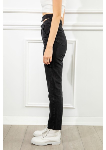 Kadın Antrasit Renk Denim Kumaş Bilek Boy Straight Fit Çift Kemerli Pantolon fiyatları